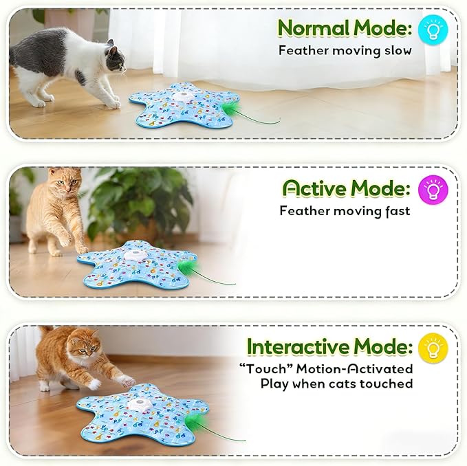Interactive Cat Toys Rechargeable,Moving Concealed Feathers,Real Mouse Squeaky,Touch Activated Cat Kitten Toy Exercise Toys for Indoor Bored Adult Cats