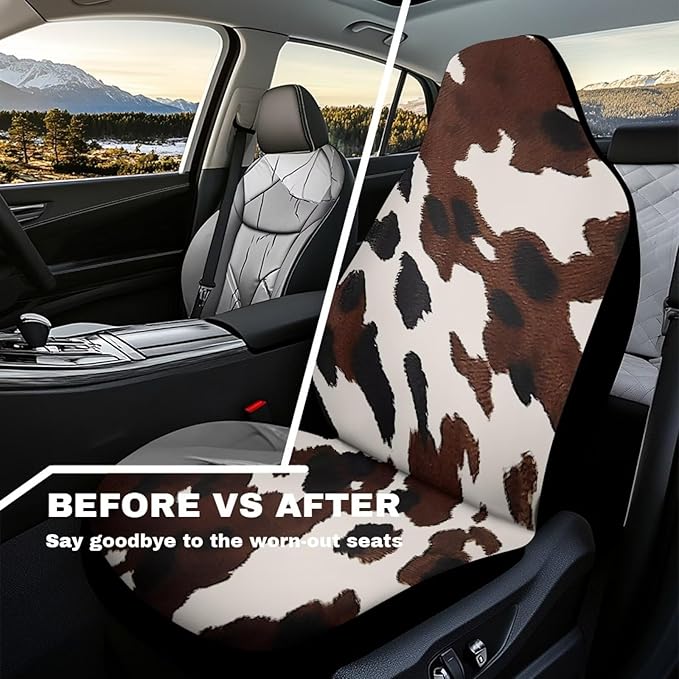 Brown Cow Print Car Front Seat Covers Waterproof Car Seat Cover for Front Seat Set of 2 Removable Automotive Accessories Elastic Fabrics Universal Fit Most Cars,SUV, Trucks