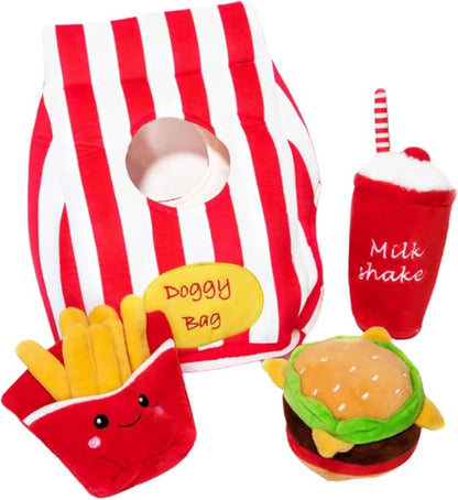 Glow Pups Dog Toys Food Parody Plush Dog Toy with Squeaker, Doggy Bag Hide and Seek Toy, Crinkly Bag for Burrowing Fun, Promotes Mental Stimulation and Reduces Stress, 12" x 9" x 5", Red Striped