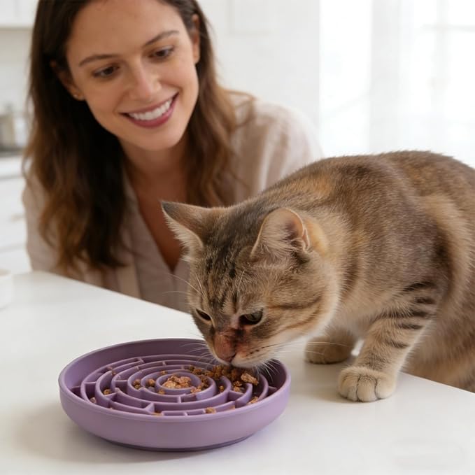 Silicone Slow Feeder Bowl, with Non-Slip Suction Cups, Anti-Choking, Puppy Puzzle Bowl, Slows Down Eating Speed, Relieves Anxiety, Suitable for S&M Sized Dogs and Cats(Purple)