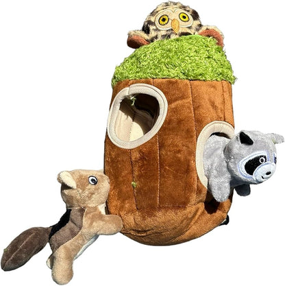 Glow Pups Hide and Seek Dog Toys, Interactive Plush Animal in Tree Trunk Burrow Toy with Squeaker, Puppy Toys for Small Dogs, Woodland Colors (Small Tree with 3 Animals)