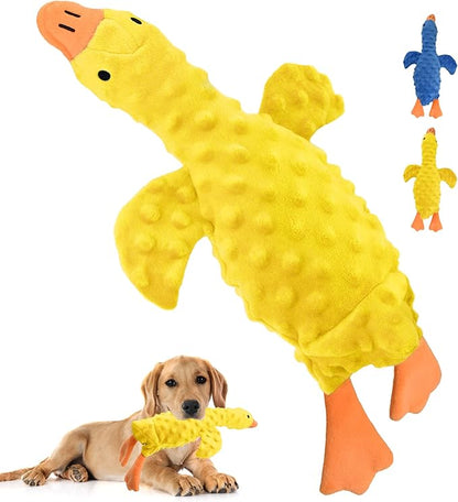 Squeaky Plush Dog Toy for All Breeds, Multifunctional Goose Dog Toy with Honking Sound, Crinkle Paper, Treat Pocket, Durable Soft Stuffed Animal for Chewing, Cuddling, Interactive Play (Yellow)