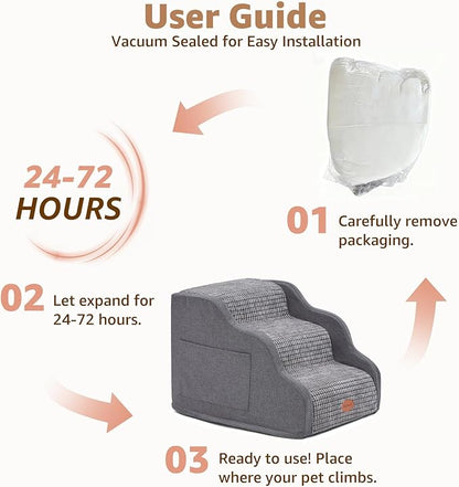 15.7”H Ramp Dog Stairs for Small Dogs, Side Armrest 3 Tier Wider Curved Pet Stairs for Couch and Beds，High-Density Foam Indoor Dog Steps with Non-Slip Bottom and Washable Cover for Old Cats