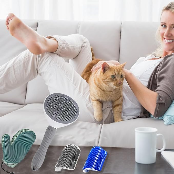 4-in-1 Pet Grooming Kit for Dog Brush, Self-Cleaning Slicker Cat Brush, Massage Grooming Glove and Cat Corner Scratcher, Effortlessly Remove Shedding Hair with Efficient Dog Brush