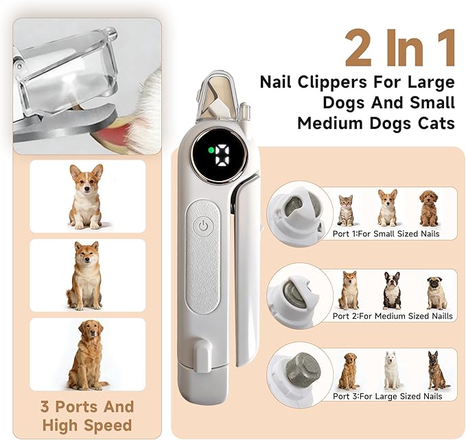 2-in-1 Dog Cat Nail Grinder & Clipper with LED Light, Pet Nail Clippers for Large Medium Puppy Dogs Ultra Quiet, Dog Cat Nail Trimmers with Splash Guard, Electric Dog Cat Claw Care File (White)