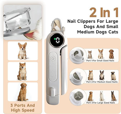 2-in-1 Dog Cat Nail Grinder & Clipper with LED Light, Pet Nail Clippers for Large Medium Puppy Dogs Ultra Quiet, Dog Cat Nail Trimmers with Splash Guard, Electric Dog Cat Claw Care File (White)