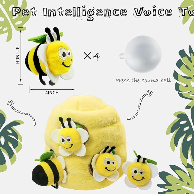 Hide and Seek Dog Toys, Interactive Squeaky Plush Puzzle Puppy Chew Toy to Keep Them Busy for Small Medium Large Dogs(Beehive Hideaway with 4 Pack Bees)