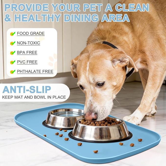 Silicone Pet Food Mat with Raised Edge for Food and Water Bowl, Dog Feeding Mats, Cat Food Trays for Floor Waterproof, Rubber Tray for Dogs and Cats, 22 x 14 x 0.8 Light Blue