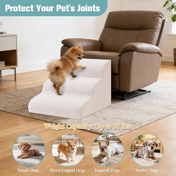 Dog Stairs for Small Dogs, 3-Step Dog Steps for Couch Sofa and Chairs, High-Density Foam Pet Steps Ramp with Removable Washable Cover for Older Injured Puppy Dogs and Cats, 13.78" H, Beige