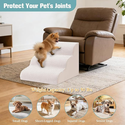 Dog Stairs for Small Dogs, 3-Step Dog Steps for Couch Sofa and Chairs, High-Density Foam Pet Steps Ramp with Removable Washable Cover for Older Injured Puppy Dogs and Cats, 13.78" H, Beige