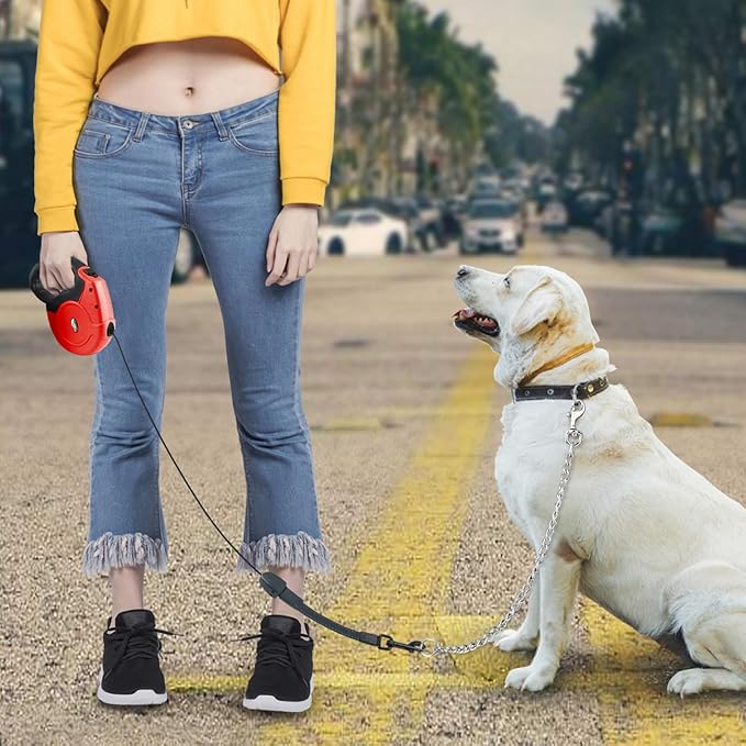 Idepet Heavy Duty Retractable Dog Leash for Small and Medium Dogs, Anti-Chewing Steel Chain Design,360 DegreeTangle-Free,Break and Lock System,26ft Leash Dog Walking (Red, Round Rope)