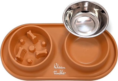Pets Anti Skid Double Slow Feeder Dog Bowls with Non Skid Silicone Mat - Stainless Steel Dog Water Bowl for Cats & Pets (Orange)
