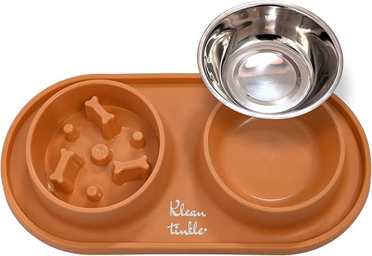 Pets Anti Skid Double Slow Feeder Dog Bowls with Non Skid Silicone Mat - Stainless Steel Dog Water Bowl for Cats & Pets (Orange)