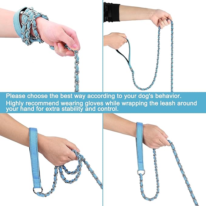 HOMIMP Chew Proof Dog Leash for Medium Large Dogs, Reflective 6 FT Heavy Duty Metal Chain Dog Leashes with Soft Padded Handle, Anti Bite Durable Rope Leashes for Pitbull, Non Chewable, Light Blue