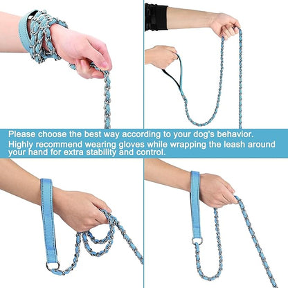 HOMIMP Chew Proof Dog Leash for Medium Large Dogs, Reflective 6 FT Heavy Duty Metal Chain Dog Leashes with Soft Padded Handle, Anti Bite Durable Rope Leashes for Pitbull, Non Chewable, Light Blue
