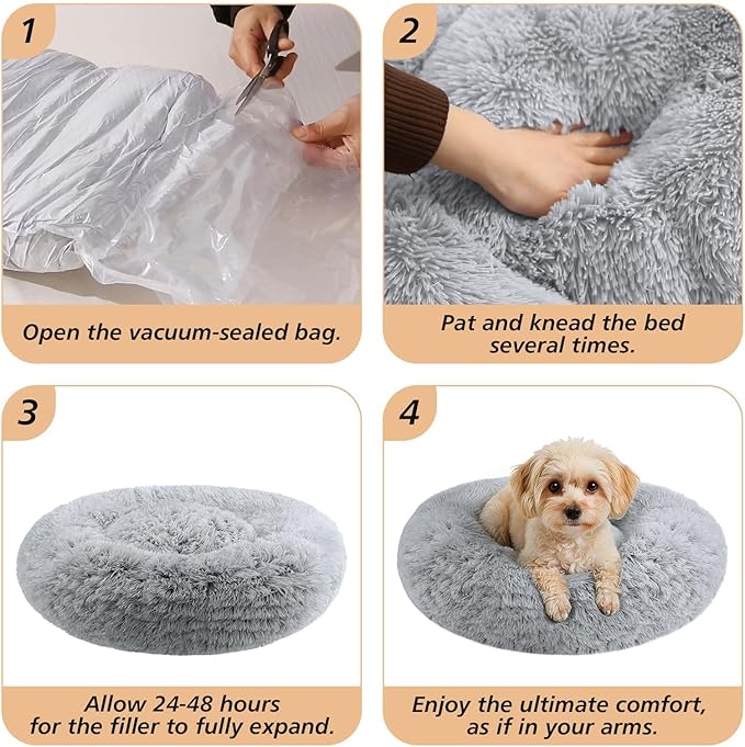 JOLLYVOGUE Calming Dog Bed Medium Size Dog, 31in Donut Washable Medium Pet Bed, Anti-Slip & Anti-Anxiety Fluffy Faux Fur Round Dogs Bed, Fits up to 45 lbs Pets (Smoke Grey)
