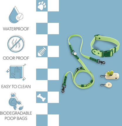 WLK1006B-5SET Luna Large 8FT Adjustable 6-in-1 Waterproof Hands-Free Leash and Collar with LED Flashlight, Bag Dispenser, and Poop Bag Holder, Mojito