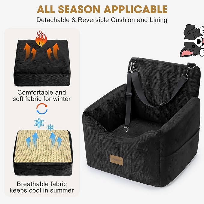 JOEJOY Dog Car Seats for Small Medium Dogs Under 35lbs, Dog Booster Seat with Detachable Washable Cover and Cushion, Memory Foam Pet Car Seat with Safety Belt and Storage Pockets (Black)