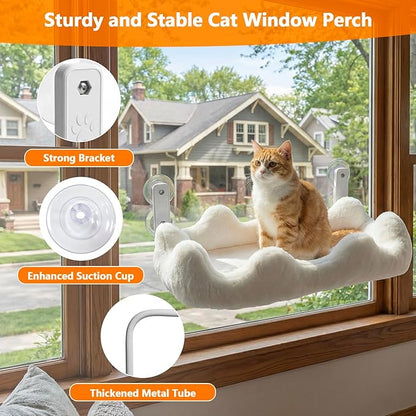 Homegroove Cat Window Perch, 24 x 12 Inch Foldable Cat Hammock for Window with 4-Sided Bolster & 4 Large Suction, Cloud Shape Cordless Window Bed for Indoor Cats (White, Large(24'' x 12''))