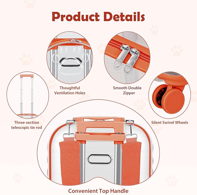 Pet Carrier with Wheels for Cats and Dogs, Clear Hard-Shell Rolling Pet Carrier with Retractable Handle, Airline-Approved Travel Carrier, Portable Cat and Dog Stroller (Orange)