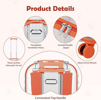 Pet Carrier with Wheels for Cats and Dogs, Clear Hard-Shell Rolling Pet Carrier with Retractable Handle, Airline-Approved Travel Carrier, Portable Cat and Dog Stroller (Orange)