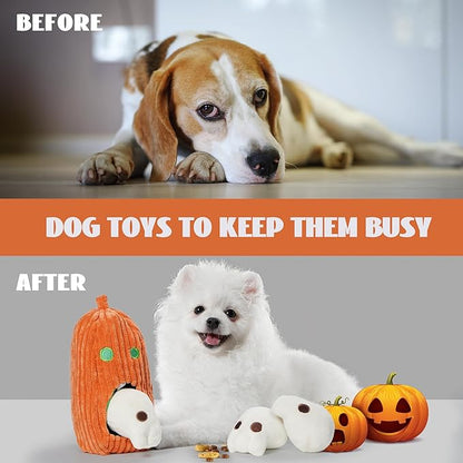 Nocciola Halloween Dog Toys 4 PCS, Pumpkin + 3 Skull Squeaky Dog Toy for Small Puppy Dog to Keep Them Busy, Durable Plush Hide and Seek Dog Toys for Small Medium Dogs