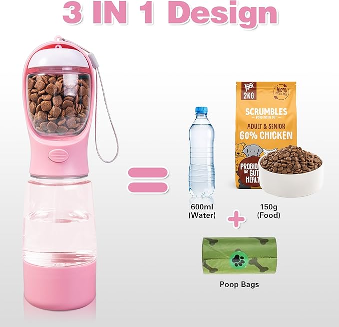 Dog Water Bottle with Food Storage & Poop Bag Dispenser - 3-in-1 Portable Pet Water Bowl for Hiking, Walking, and Travel - Ideal for Small to Large Dogs Pink