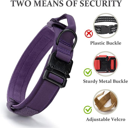 Tactical Dog Collar, Adjustable Military Training Nylon Dog Collar with Control Handle and Heavy Quick-Release Metal Buckle for Small Medium Large Dogs, Purple S