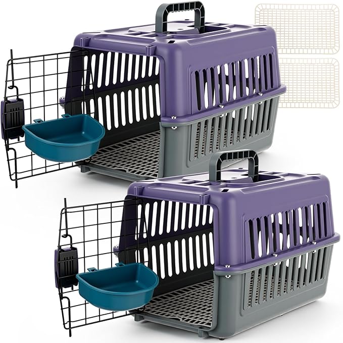 2 Set Travel Pet Carriers for Small Cat Dog Plastic Hard Shell Carrier Cat with Bowl Wire Door Grille Mat Portable Breathable Security Lock Puppy Kennel for Travel Airline, 17.5", up to 13lbs(Purple)