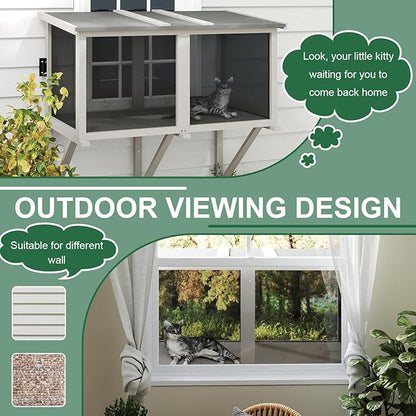 Cat Catio, Expandable Window Box Enclosure for Indoor Cats, Comfortable Wooden Small Pet Perch House Hammock, All-Weather, Keep Bugs Insects Out