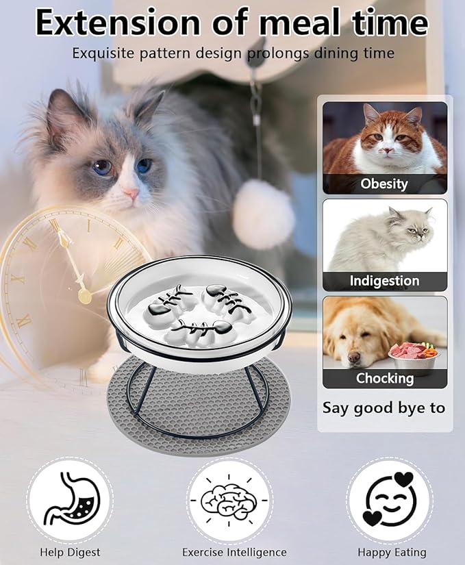 2PCS Raised Cat Bowl - Improved Design, Elevated Puzzle Feeder, Anti Vomit & Obesity Prevention, Slow Down Eating Speed