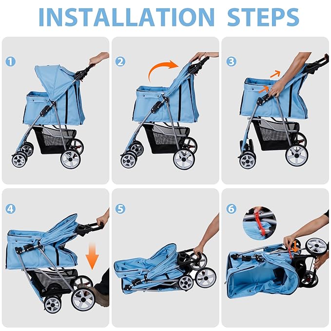 4 Wheels Pet Stroller, Foldable Dog Cat Stroller for Small Medium Dogs Cats, Travel Carrier with Storage Basket and Cup Holder, Waterproof and Lightweight (Blue)