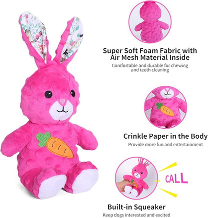 DODODOLA Stuffed Dog Toys Durable Plush Dog Toy with Crinkle Paper Cute Elephant Squeaky Dog Toys Dog Chew Toys for Medium Large Breed (Pink Rabbit)