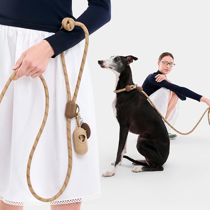 VETRESKA Hands-Free Dog Leash, 8FT Adjustable Rope Leash for Medium Large Dogs, Waist/Crossbody Slip Lead Leashes for Walking, No Pull Dog Leashes with Bag Dispenser, Clip, 3 in 1 Walk Kit (Coffee)
