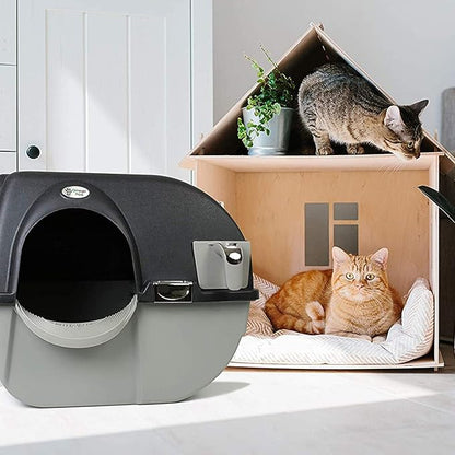 Omega Paw Self Cleaning Cat Litter Box, Elite Roll 'N Clean Litter Box, Regular Size for Kittens and Cats 10 lbs and Under, Black Color (EL-RA15-1) with Integrated Litter Step and Chrome Accents