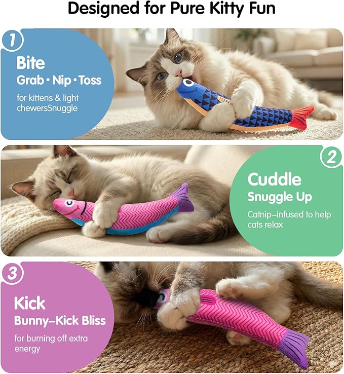 PetBusy Cat Toys with[5000mg A+Natural Catnip &Silvervine] [Baby Grade] Interactive Soft Chew Kicker Cat Toys for Indoor Cats & Kittens, [Crinkle &Bell] Fish Sound Toy, Drives Bored Cat Crazy with Fun