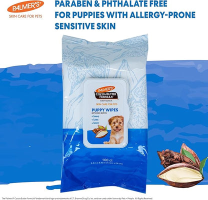 Palmer's Coconut Oil Puppy Wipes for Between Baths - Cocoa Butter Grooming Wipe for Dogs - Paraben & Phthalate Free Bath Towlettes, 100 Count