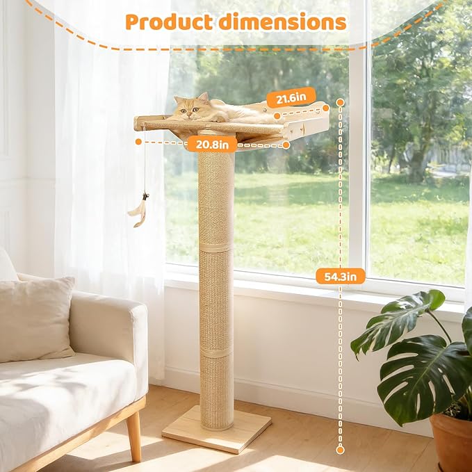 54.3" Cat Window Perch with 3 Adjustable Roman Column Sisal Scratching Posts, Drill-Free Suction Cups, Multi-Level Perch for Climbing & Bird Watching, 60 lbs Capacity