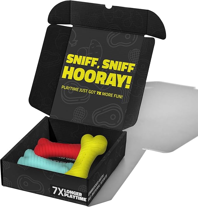 Playology Dog Toys | Rainbow of Scent Chew Toy Gift Box - Medium Dual Layer Bones for Dogs | Peanut Butter, Chicken, & Beef Scented Toys - Easy to Clean and Made from Non Toxic Materials