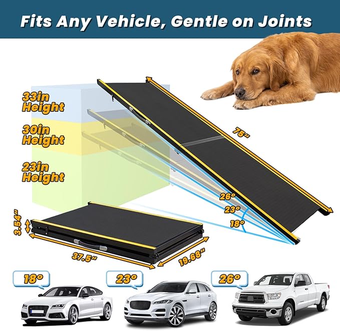 75” Dog Ramp for Car, Extra Long & Wide Pet Ramp for Large Dogs up to 300LBS, Heavy Duty Folding Dog Car Ramp for SUV/Truck/RV with Soft EVA Mat & Auto Lock, Portable Dog Ramp for SUV,Black