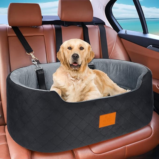 Dog Car Seat for Medium Dogs Up to 50 lbs, Pet Booster Seat for Cars SUVs and Trucks,Washable & Detachable Dog Car Bed with Safety Strap, Thick Cushion, Non-Slip Base(Black/Gray