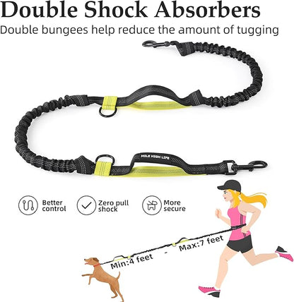 Mile High Life | Retractable Hands Free Dog 7FT Leash | Waist Running Adjustable | Reflective Dual Black Bungees | Dual Handles | Small Medium Large Dogs | (Lemon Yellow)