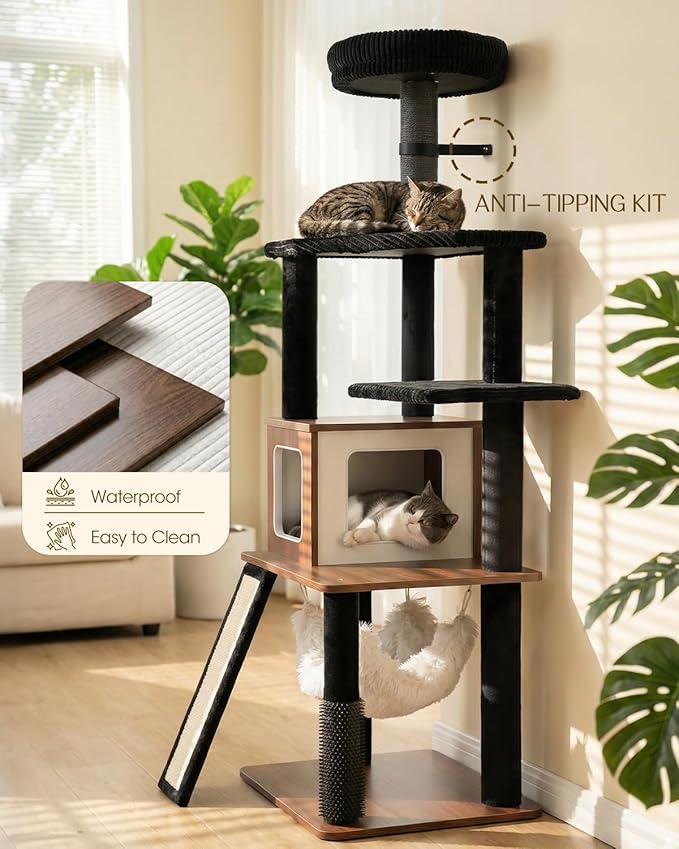 61" Modern Cat Tree Tower for Indoor Cats, Luxury Climbing Tower with Plush Lounge, Kitty Condos, Hammock & Scratching Posts, Classic cat Furniture (Walnut)