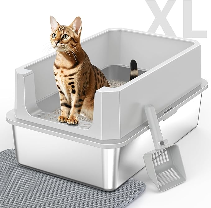 Stainless Steel Litter Box, Extra Large Litter Boxes for Big Cats, XLarge Metal Cat Litter Box with Lid, Anti-Urine Leakage XL Box with High Sides, Easy Clean, Non-Sticky, Scoop Included