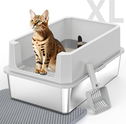 Stainless Steel Litter Box, Extra Large Litter Boxes for Big Cats, XLarge Metal Cat Litter Box with Lid, Anti-Urine Leakage XL Box with High Sides, Easy Clean, Non-Sticky, Scoop Included