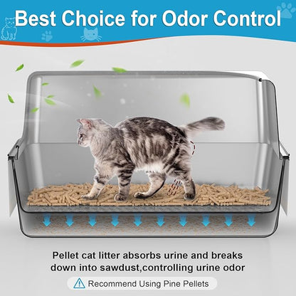 All Stainless Steel Sifting Litter Box with Lid,XL Extra Large Metal Sifting Cat Litter Box for Pine Pellets,High Sides Sifter Litter Pan System for Big Cats,Odor Control,Sifting Box Liners and Scoop