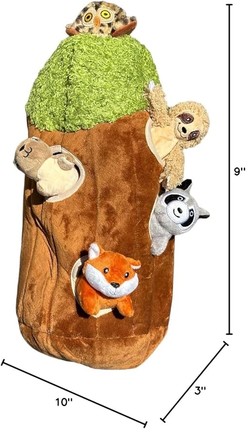Glow Pups Hide and Seek Dog Toy, Interactive Dog Toy Bundle with Squeaky Plush Woodland Animals, Burrow Toys for Puppies, Large Size, Brown Plush Tree with 5 Animals