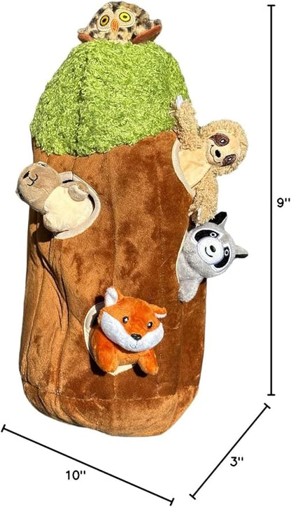 Glow Pups Hide and Seek Dog Toy, Interactive Dog Toy Bundle with Squeaky Plush Woodland Animals, Burrow Toys for Puppies, Large Size, Brown Plush Tree with 5 Animals