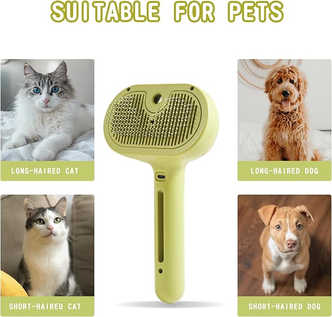 Cat/Dog Grooming Brush with Steamer - Deshedding Brush for Pet Hair, Bath Brush with Water Spray and Hair Comb (Yellow)