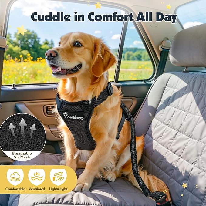 Pawaboo Dog Seat Belt Harness for Car, Dog Car Harness Seatbelt with Double Clips, Adjustable Breathable Pet Vest & Dogs Safety Tether with Elastic Bungee for Small Medium Large Pet, L, Black